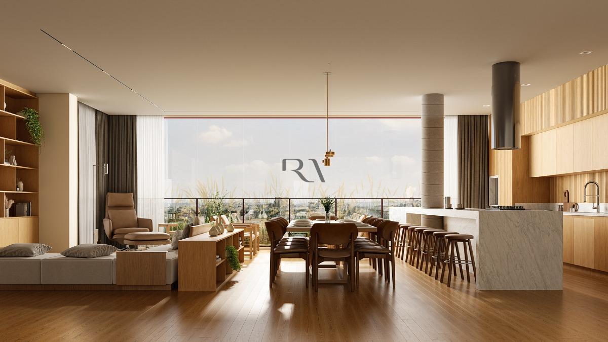 Sala de estar, jantar e cozinha integradas do apartamento de 148 m² à venda no Bigorrilho, em Curitiba